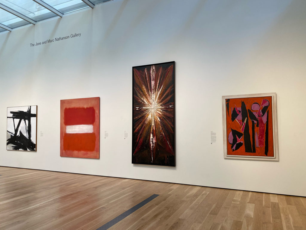 Installation view of Modern Art, June 13, 2021–Ongoing at Los Angeles County Museum of Art. From left to right: Franz Kline, The Ballantine, 1958-1960; Mark Rothko, White Center, 1957; Jay DeFeo, The Jewel, 1959; Lee Krasner, Desert Moon, 1955.