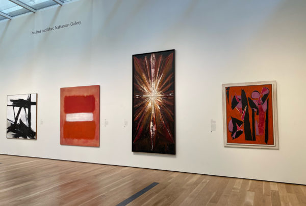 Installation view of Modern Art, June 13, 2021–Ongoing at Los Angeles County Museum of Art. From left to right: Franz Kline, The Ballantine, 1958-1960; Mark Rothko, White Center, 1957; Jay DeFeo, The Jewel, 1959; Lee Krasner, Desert Moon, 1955.