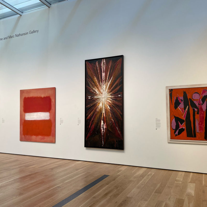 Installation view of Modern Art, June 13, 2021–Ongoing at Los Angeles County Museum of Art. From left to right: Franz Kline, The Ballantine, 1958-1960; Mark Rothko, White Center, 1957; Jay DeFeo, The Jewel, 1959; Lee Krasner, Desert Moon, 1955.