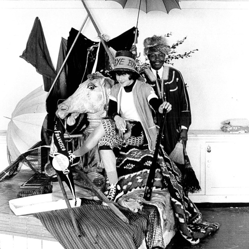 Unknown photographer, Jay DeFeo and Hayward King posing with props at SFAI in what appears to be Studio 13, 1962